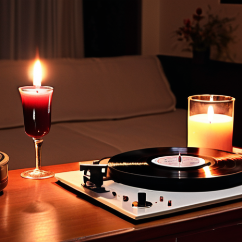 Home 17 ** A warm, inviting living room at night. A vinyl record is playing on a turntable next to a lit candle and a glass of red wine. The scene is cozy and relaxing, emphasizing the ritual of listening to vinyl records. Focus on the warm analog sound emanating from the speakers.
**