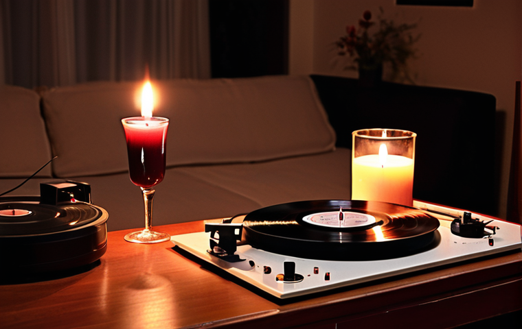 ** A warm, inviting living room at night. A vinyl record is playing on a turntable next to a lit candle and a glass of red wine. The scene is cozy and relaxing, emphasizing the ritual of listening to vinyl records. Focus on the warm analog sound emanating from the speakers.
**