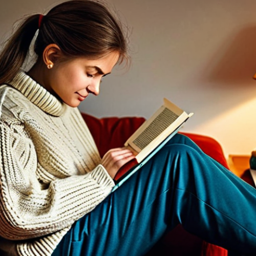 Home 16 **A cozy reading nook in a Russian home, with a person (fully clothed in a sweater and comfortable pants) reading a physical book. The book has a traditional Russian cover design. Warm lighting, a cup of tea on a nearby table, safe for work, appropriate content, fully clothed, professional photography, perfect anatomy, natural proportions, family-friendly.**