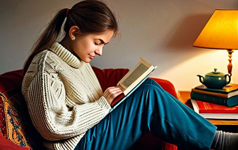 **A cozy reading nook in a Russian home, with a person (fully clothed in a sweater and comfortable pants) reading a physical book. The book has a traditional Russian cover design. Warm lighting, a cup of tea on a nearby table, safe for work, appropriate content, fully clothed, professional photography, perfect anatomy, natural proportions, family-friendly.**