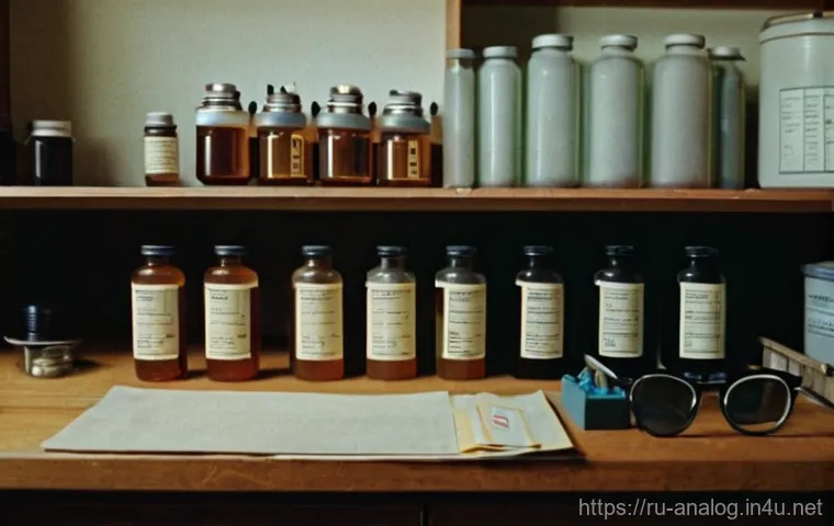아날로그 카메라 필름 현상 - **Prompt:** A close-up shot of a well-organized home darkroom setup on a clean wooden workbench. Var...