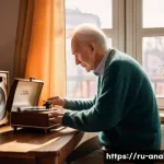 아날로그 오디오의 복원 - A cozy, warmly lit room in a Russian apartment. An older man, with kind eyes and a gentle smile, car...