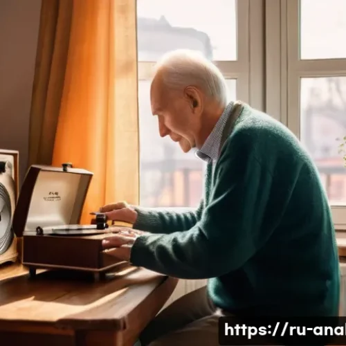 Home 11 아날로그 오디오의 복원 - A cozy, warmly lit room in a Russian apartment. An older man, with kind eyes and a gentle smile, car...