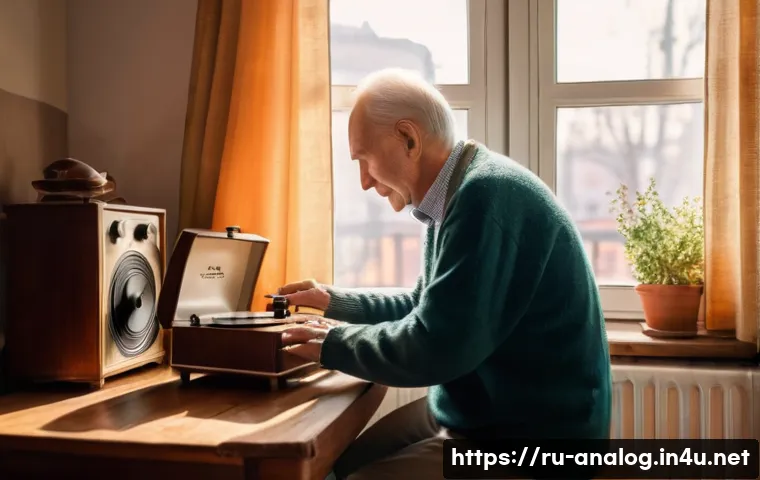 아날로그 오디오의 복원 - A cozy, warmly lit room in a Russian apartment. An older man, with kind eyes and a gentle smile, car...